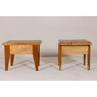 Near Pair of Mango Wood Midcentury Low Side Tables with Single Drawers