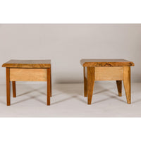 Near Pair of Mango Wood Midcentury Low Side Tables with Single Drawers