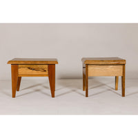 Near Pair of Mango Wood Midcentury Low Side Tables with Single Drawers