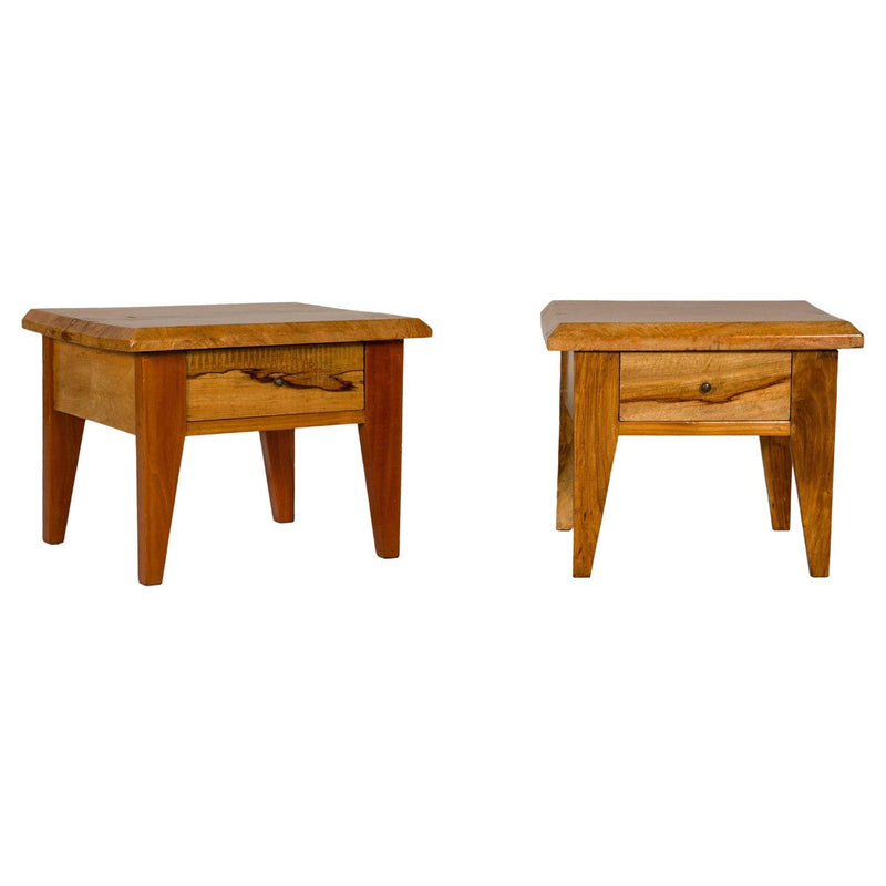 Near Pair of Mango Wood Midcentury Low Side Tables with Single Drawers-YN3847 & YN3943-1. Asian & Chinese Furniture, Art, Antiques, Vintage Home Décor for sale at FEA Home