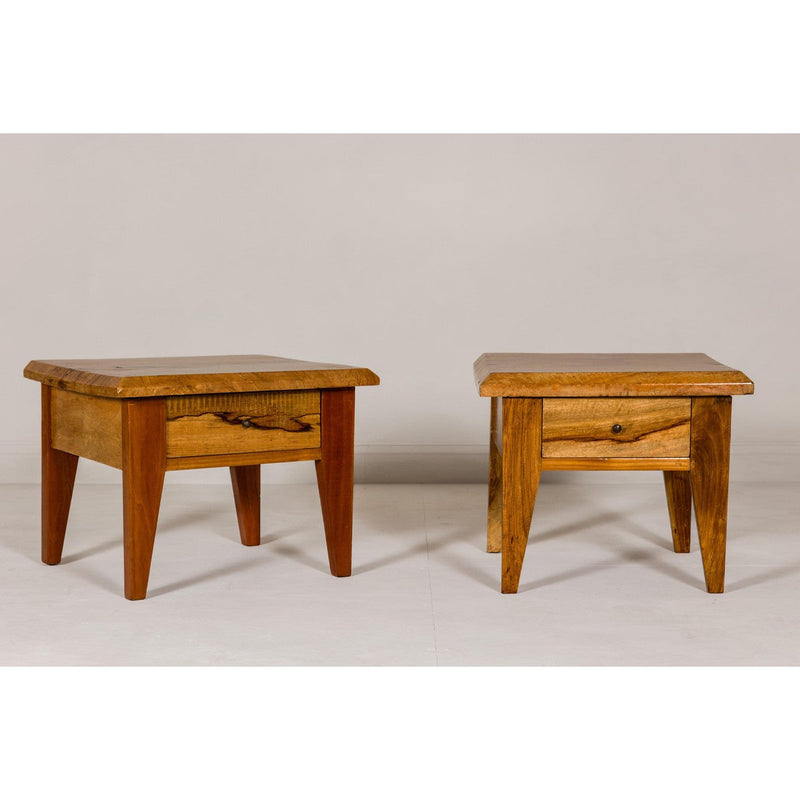 Near Pair of Mango Wood Midcentury Low Side Tables with Single Drawers-YN3847 & YN3943-2. Asian & Chinese Furniture, Art, Antiques, Vintage Home Décor for sale at FEA Home