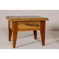 Near Pair of Mango Wood Midcentury Low Side Tables with Single Drawers