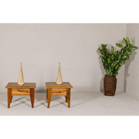 Near Pair of Mango Wood Midcentury Low Side Tables with Single Drawers