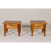 Near Pair of Mango Wood Midcentury Low Side Tables with Single Drawers