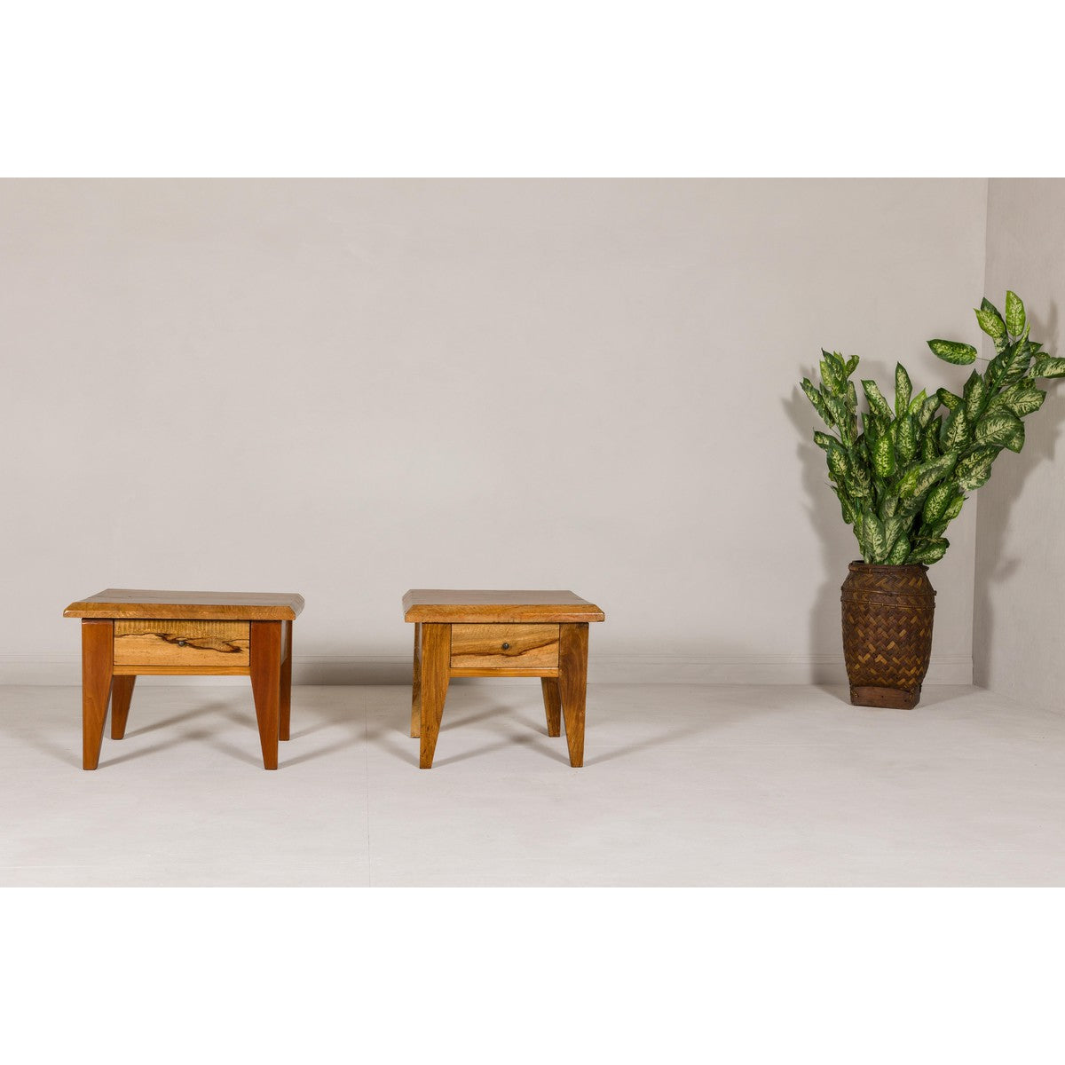 Near Pair of Mango Wood Midcentury Low Side Tables with Single Drawers-7. Asian &amp; Chinese Furniture, Art, Antiques, Vintage Home Décor for sale at FEA Home