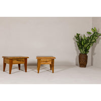 Near Pair of Mango Wood Midcentury Low Side Tables with Single Drawers