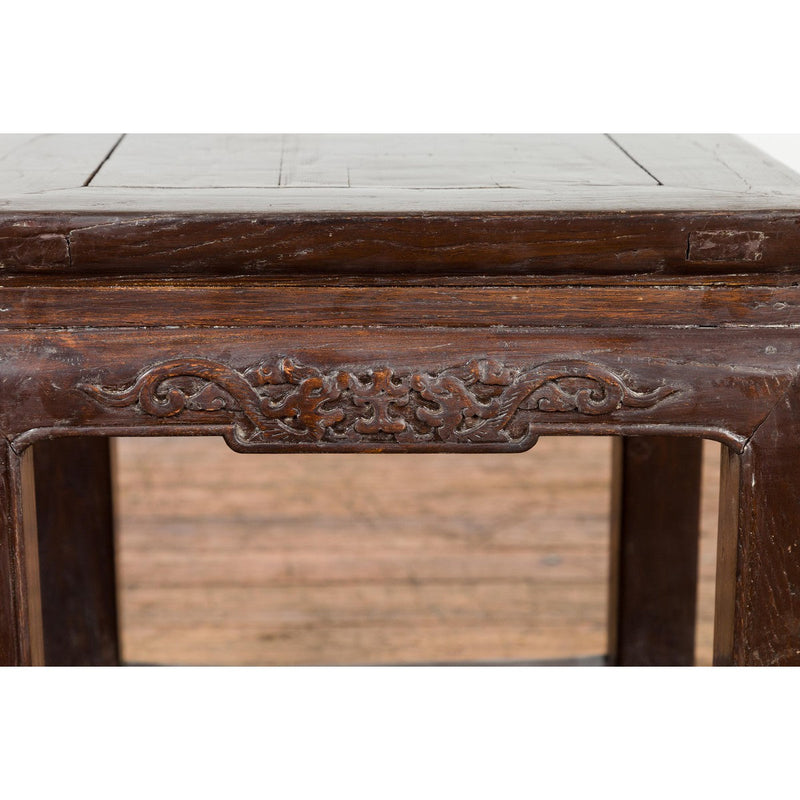 Qing Dynasty Brown Lacquer Low Table with Carved Apron and Horse Hoof Legs-YN3937-10. Asian & Chinese Furniture, Art, Antiques, Vintage Home Décor for sale at FEA Home