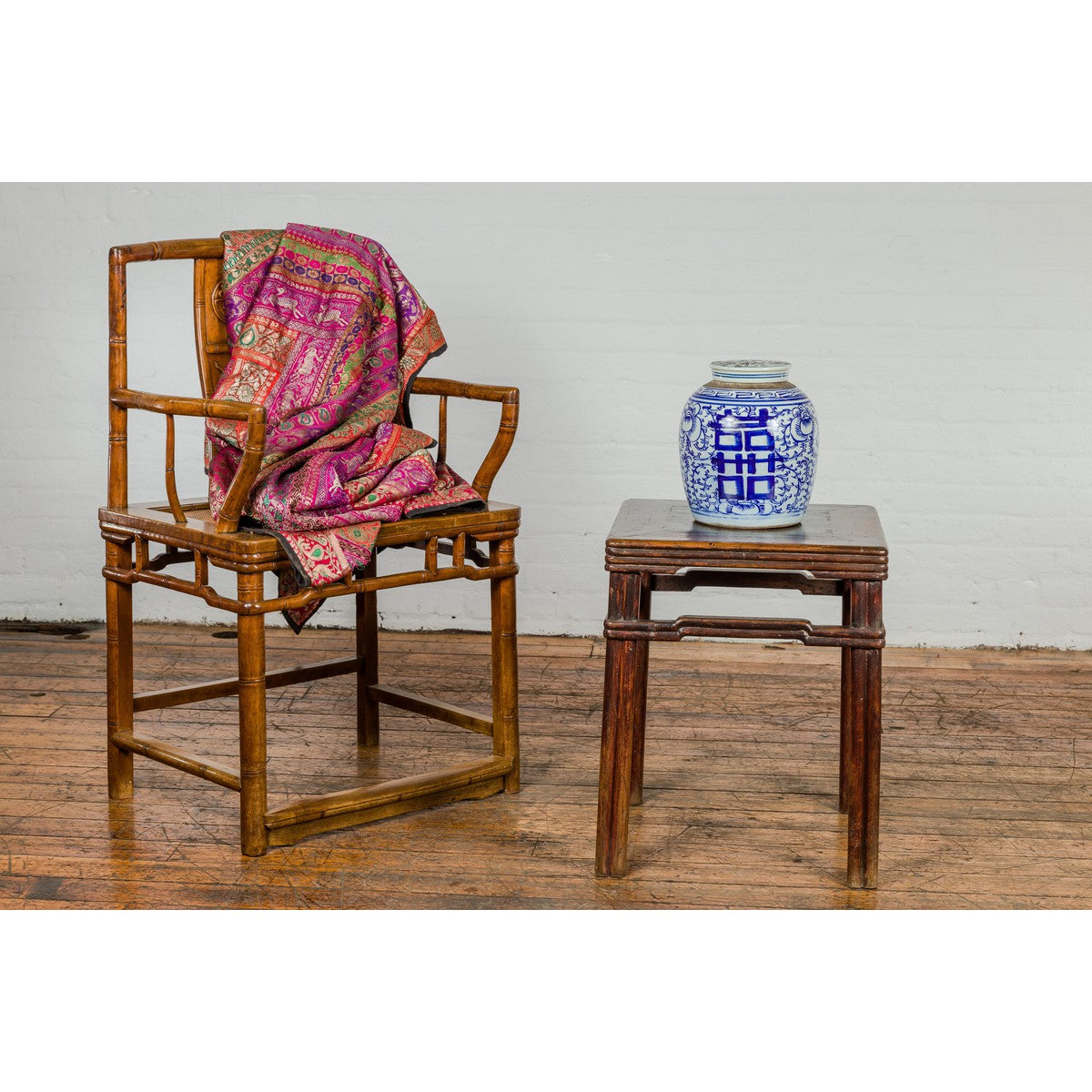 Antique Dark Brown Side Table with Reeded Humpback Stretchers-2. Asian & Chinese Furniture, Art, Antiques, Vintage Home Décor for sale at FEA Home