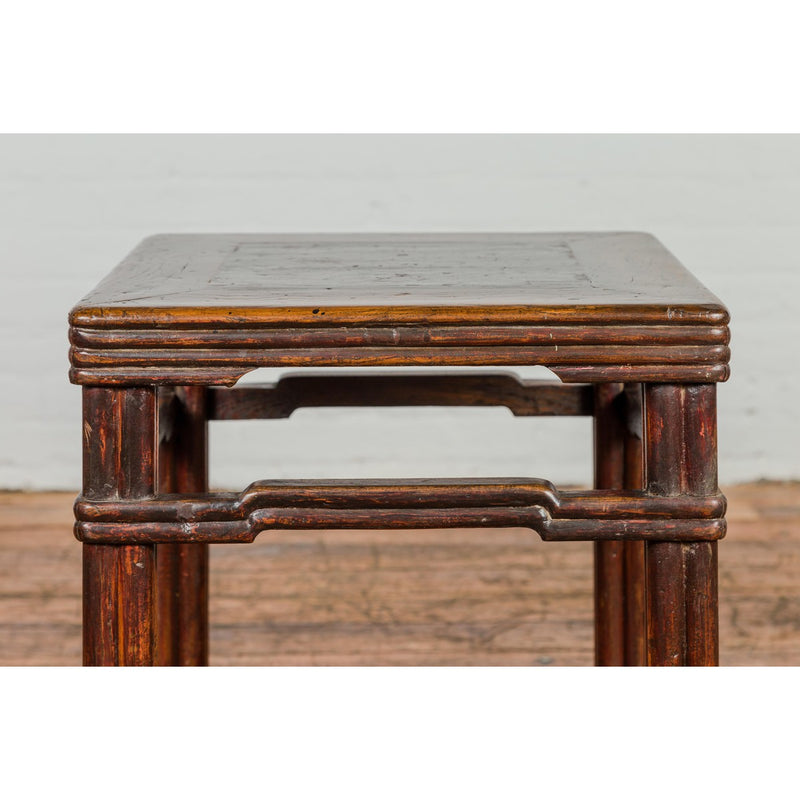 Antique Dark Brown Side Table with Reeded Humpback Stretchers-YN3946-4. Asian & Chinese Furniture, Art, Antiques, Vintage Home Décor for sale at FEA Home