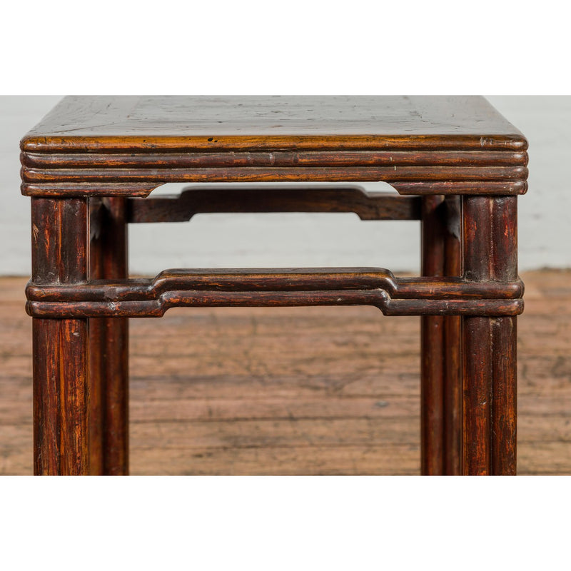 Antique Dark Brown Side Table with Reeded Humpback Stretchers-YN3946-5. Asian & Chinese Furniture, Art, Antiques, Vintage Home Décor for sale at FEA Home