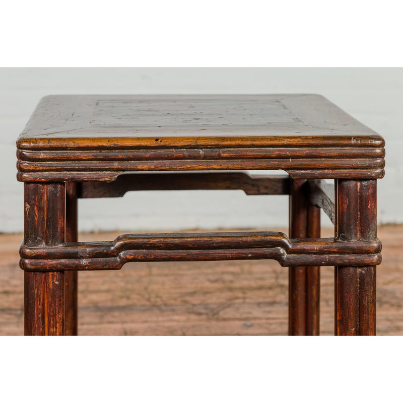 Antique Dark Brown Side Table with Reeded Humpback Stretchers-YN3946-8. Asian & Chinese Furniture, Art, Antiques, Vintage Home Décor for sale at FEA Home