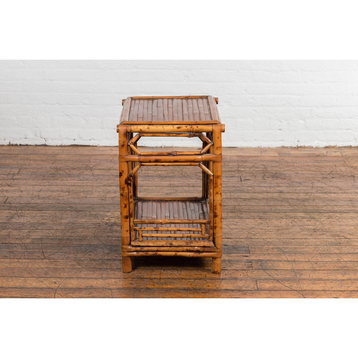 Vintage Bamboo Side Table with Slanted Front &amp; Under Storage-16. Asian &amp; Chinese Furniture, Art, Antiques, Vintage Home Décor for sale at FEA Home