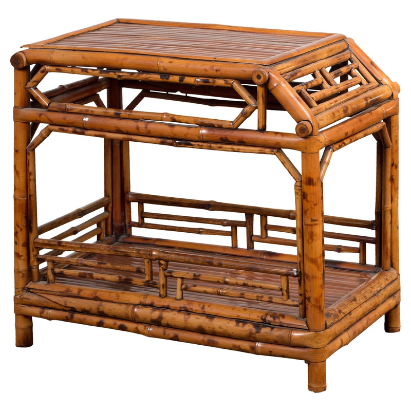 Vintage Bamboo Side Table with Slanted Front & Under Storage-YN3959-1. Asian & Chinese Furniture, Art, Antiques, Vintage Home Décor for sale at FEA Home