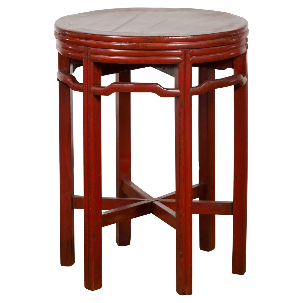 Late Qing Dynasty Period Red Lacquer Round Top Pedestal Flower Stand-1. Asian & Chinese Furniture, Art, Antiques, Vintage Home Décor for sale at FEA Home