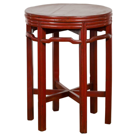 Late Qing Dynasty Period Red Lacquer Round Top Pedestal Flower Stand-YN3997-1-Unique Furniture-Art-Antiques-Home Décor in NY