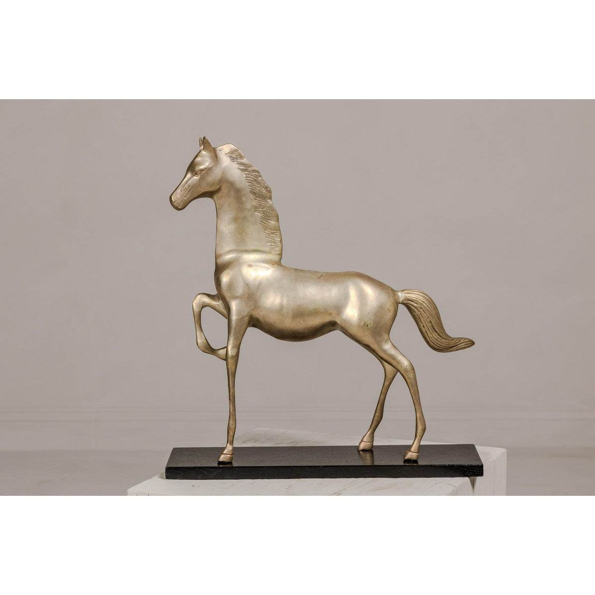 Vintage Silver over Brass Walking Horse Statuette on Ebonized Oak Base-3. Asian &amp; Chinese Furniture, Art, Antiques, Vintage Home Décor for sale at FEA Home