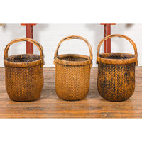 Large Antique Willow Grain Basket with Wooden Handle, Sold Each