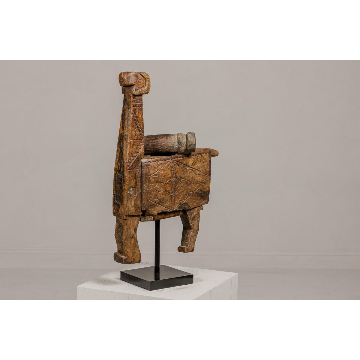 19th Century Rustic Carved Wooden Mortar and Pestle Mounted on Black Custom Base-15. Asian &amp; Chinese Furniture, Art, Antiques, Vintage Home Décor for sale at FEA Home