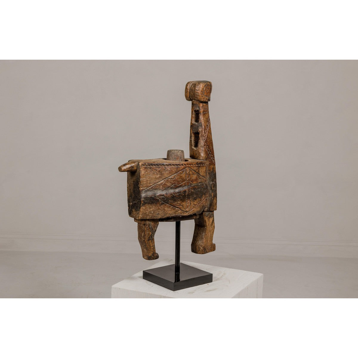 19th Century Rustic Carved Wooden Mortar and Pestle Mounted on Black Custom Base-8. Asian &amp; Chinese Furniture, Art, Antiques, Vintage Home Décor for sale at FEA Home
