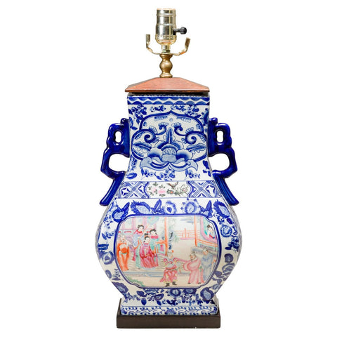 Blue and White Porcelain Table Lamp with Hand-Painted Court Scenes-YN5178-1. Asian & Chinese Furniture, Art, Antiques, Vintage Home Décor for sale at FEA Home