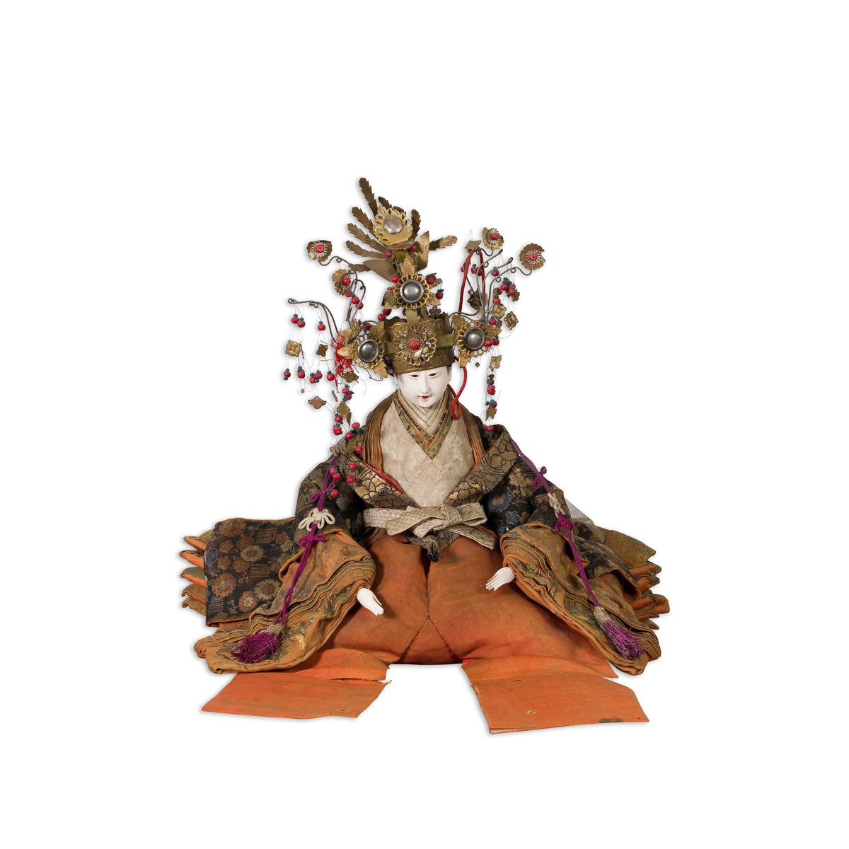 Taisho Period Sitting Doll with Silk Clothing and Ornate Headdress-17. Asian &amp; Chinese Furniture, Art, Antiques, Vintage Home Décor for sale at FEA Home