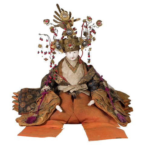 Taisho Period Sitting Doll with Silk Clothing and Ornate Headdress-YN5488-1-Unique Furniture-Art-Antiques-Home Décor in NY