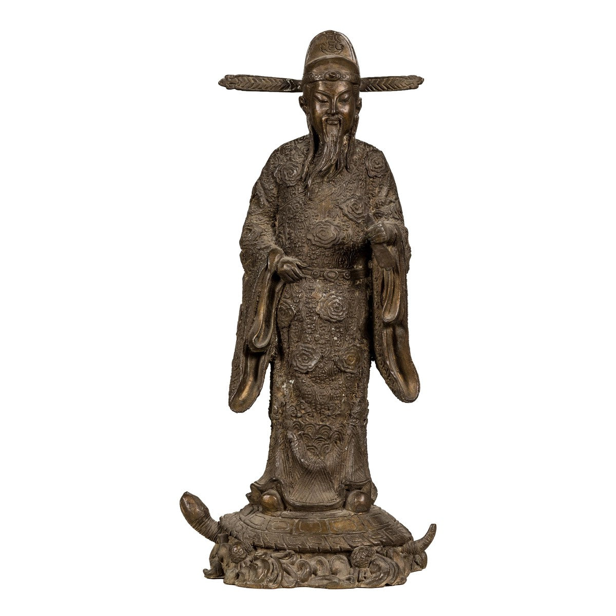 Bronze Statuette of a Scholar Standing on a Turtle, with Detailed Robe-13. Asian &amp; Chinese Furniture, Art, Antiques, Vintage Home Décor for sale at FEA Home