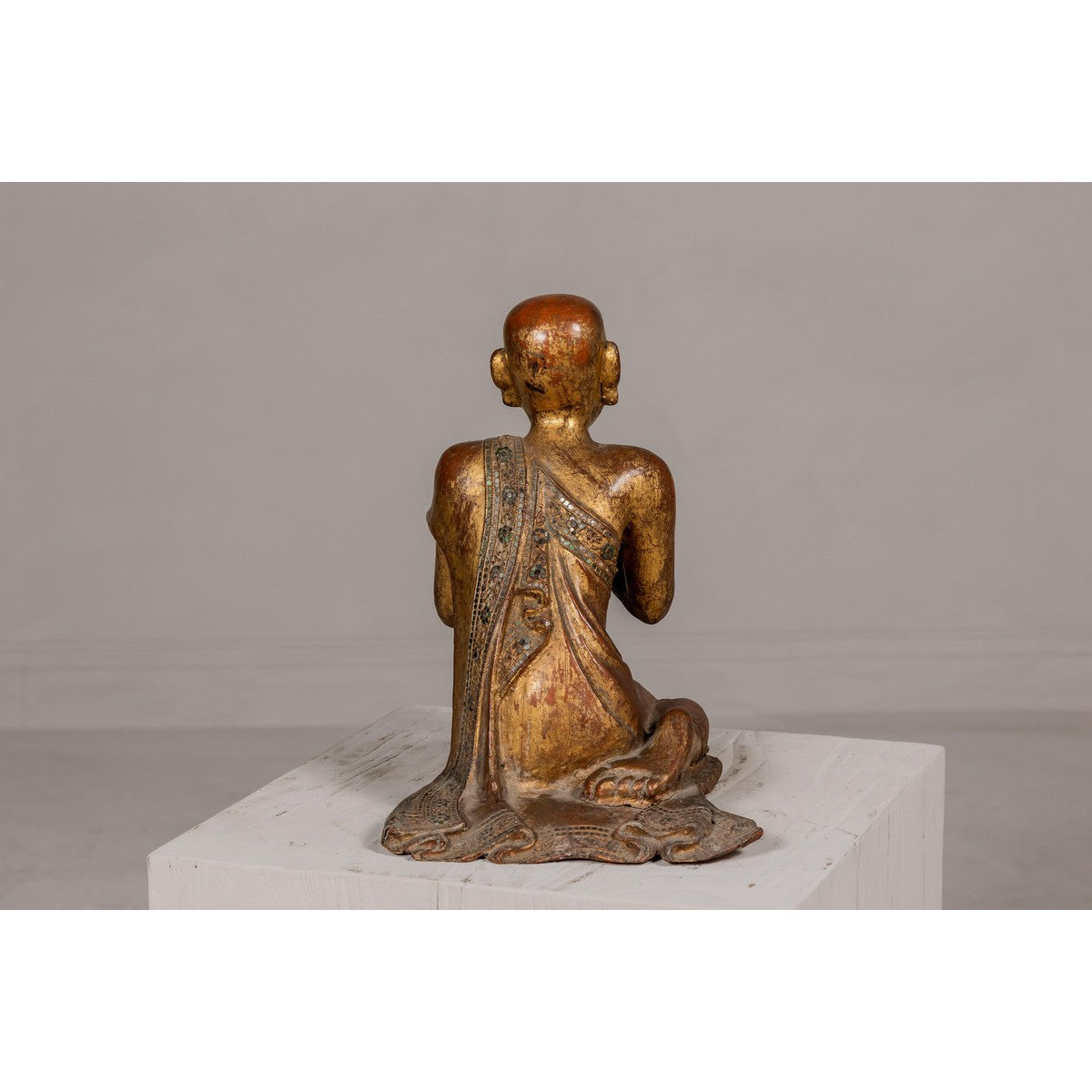 Thai 1900s Gilt and Polychrome Hand Carved Sculpture of Seated Buddhist Monk-13. Asian &amp; Chinese Furniture, Art, Antiques, Vintage Home Décor for sale at FEA Home