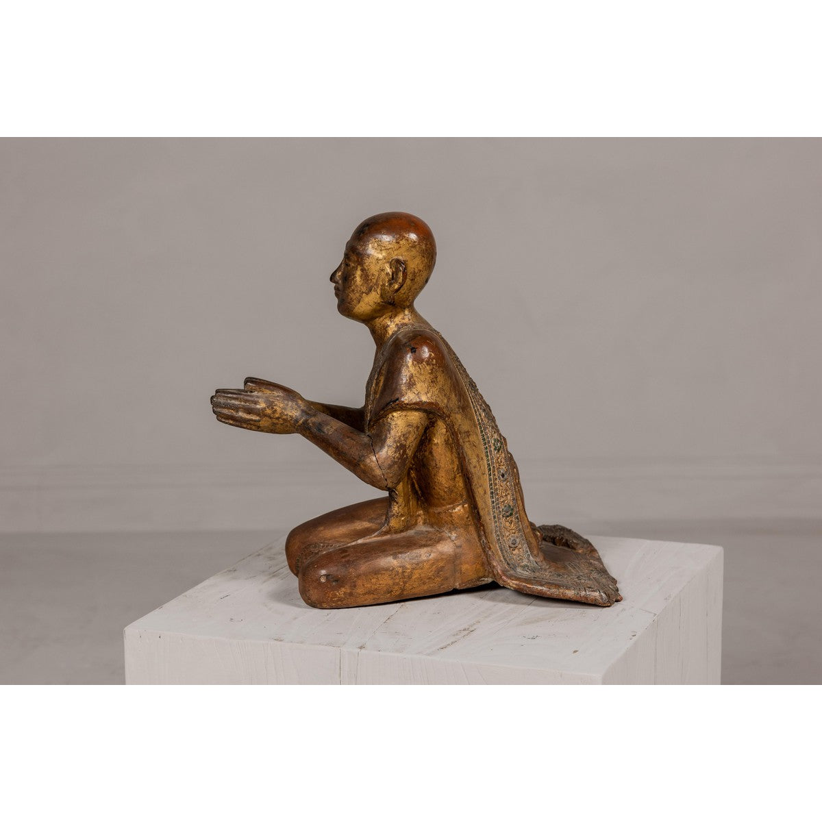 Thai 1900s Gilt and Polychrome Hand Carved Sculpture of Seated Buddhist Monk-14. Asian &amp; Chinese Furniture, Art, Antiques, Vintage Home Décor for sale at FEA Home