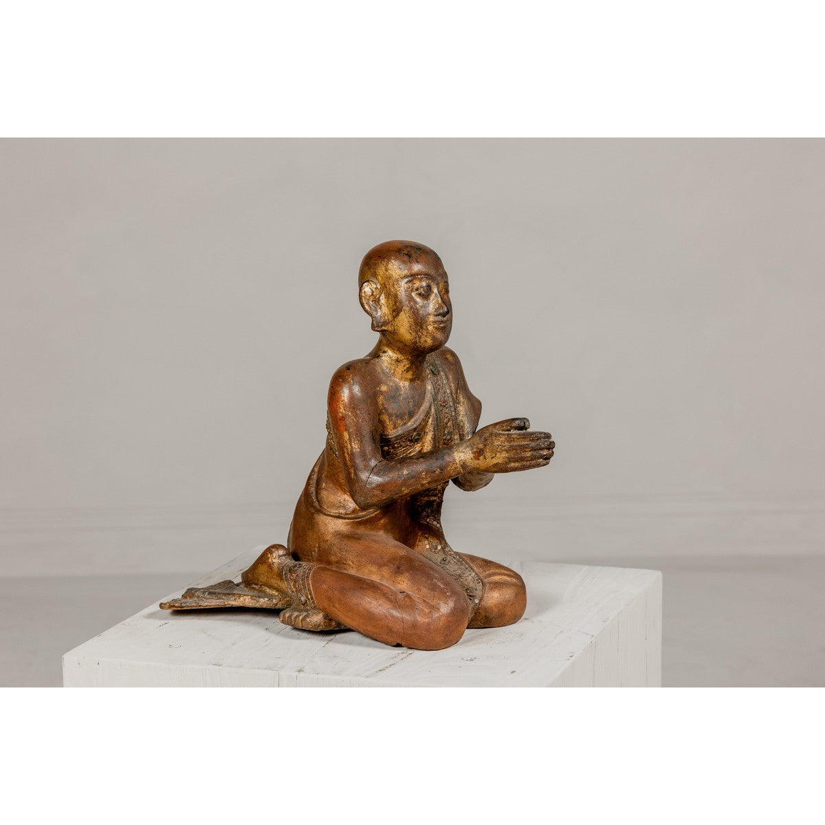 Thai 1900s Gilt and Polychrome Hand Carved Sculpture of Seated Buddhist Monk-7. Asian &amp; Chinese Furniture, Art, Antiques, Vintage Home Décor for sale at FEA Home