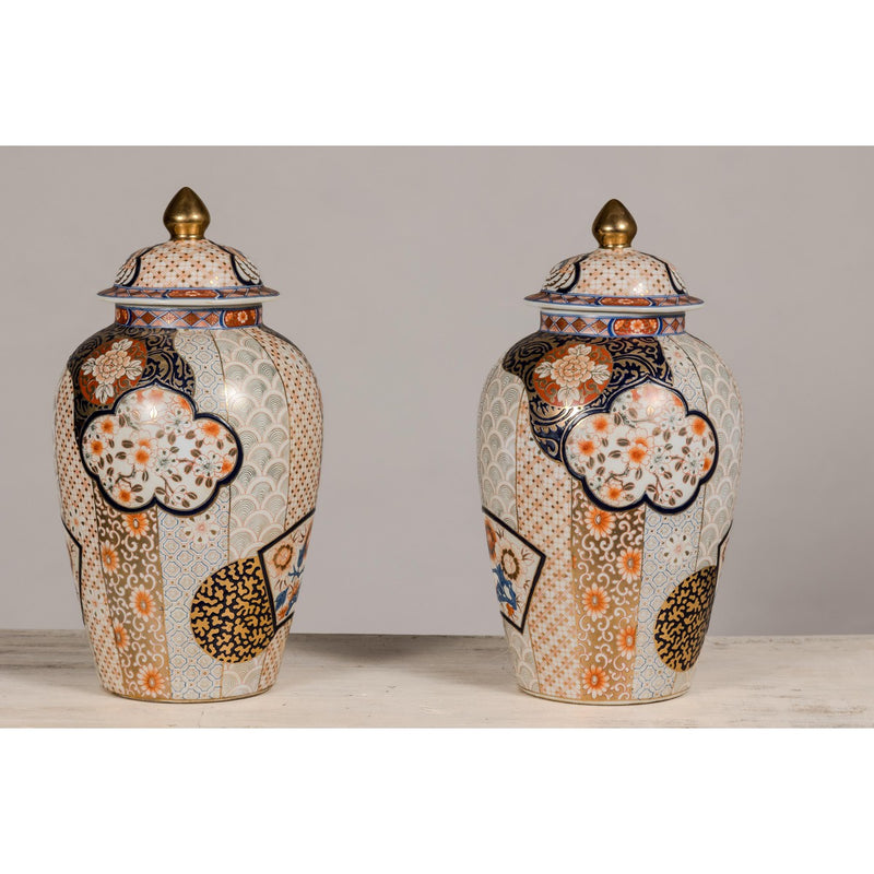 Arita Style Lidded Jars with Gold, Blue and Orange Floral Motifs-YN5496 & YN5497-11. Asian & Chinese Furniture, Art, Antiques, Vintage Home Décor for sale at FEA Home