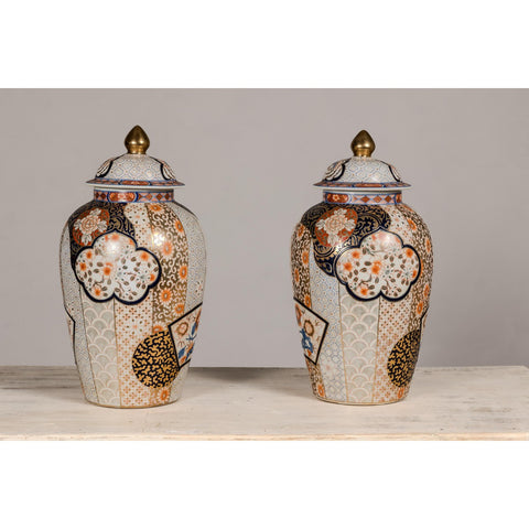 Arita Style Lidded Jars with Gold, Blue and Orange Floral Motifs-YN5496 & YN5497-13. Asian & Chinese Furniture, Art, Antiques, Vintage Home Décor for sale at FEA Home