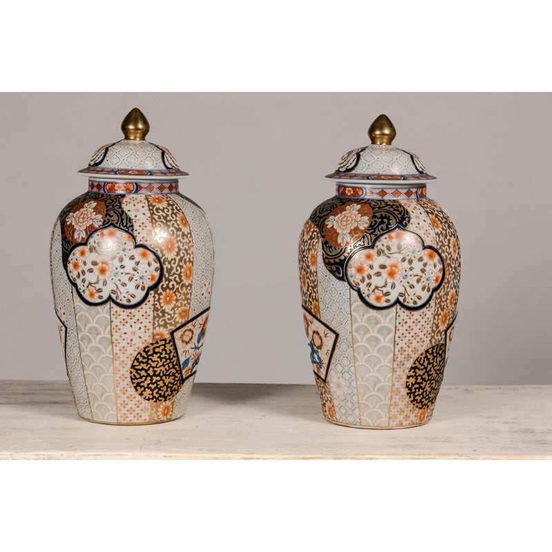 Arita Style Lidded Jars with Gold, Blue and Orange Floral Motifs-YN5496 & YN5497-14. Asian & Chinese Furniture, Art, Antiques, Vintage Home Décor for sale at FEA Home