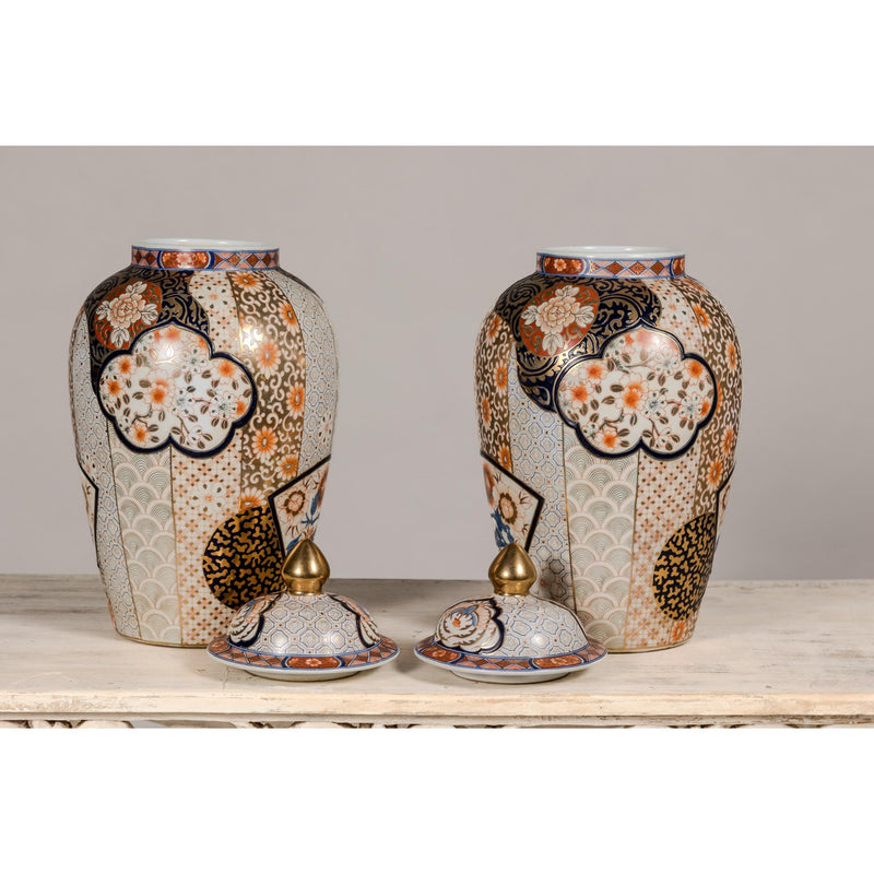 Arita Style Lidded Jars with Gold, Blue and Orange Floral Motifs-YN5496 & YN5497-15. Asian & Chinese Furniture, Art, Antiques, Vintage Home Décor for sale at FEA Home