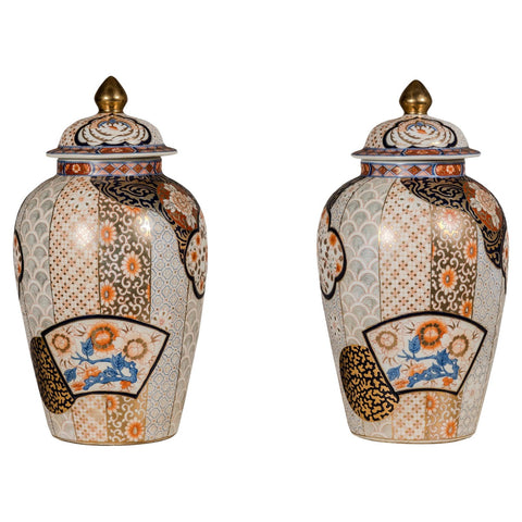 Arita Style Lidded Jars with Gold, Blue and Orange Floral Motifs-YN5496 & YN5497-1. Asian & Chinese Furniture, Art, Antiques, Vintage Home Décor for sale at FEA Home