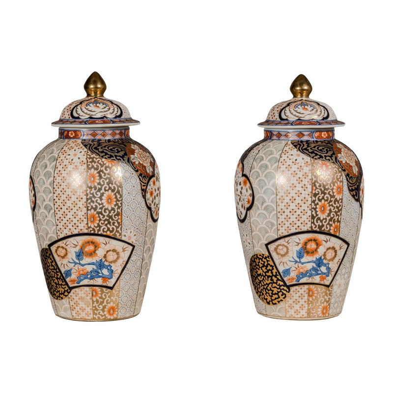 Arita Style Lidded Jars with Gold, Blue and Orange Floral Motifs-YN5496 & YN5497-2. Asian & Chinese Furniture, Art, Antiques, Vintage Home Décor for sale at FEA Home