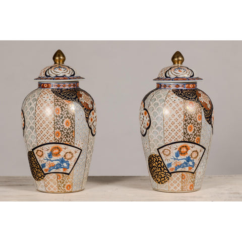 Arita Style Lidded Jars with Gold, Blue and Orange Floral Motifs-YN5496 & YN5497-3. Asian & Chinese Furniture, Art, Antiques, Vintage Home Décor for sale at FEA Home