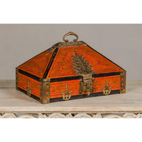 19th Century Malabar Jewelry Box Lacquered with Ornate Brass Accents from Kerala