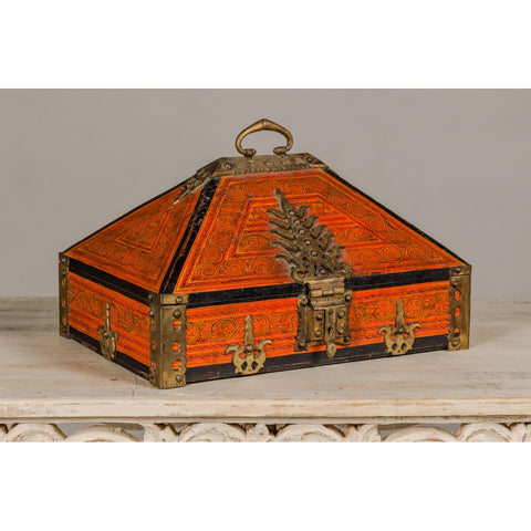 19th Century Malabar Jewelry Box Lacquered with Ornate Brass Accents from Kerala-YN5519-10. Asian & Chinese Furniture, Art, Antiques, Vintage Home Décor for sale at FEA Home
