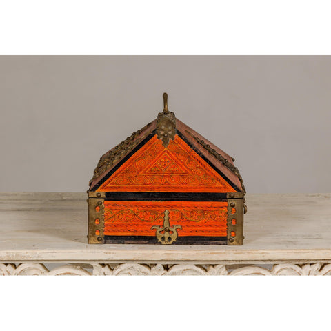 19th Century Malabar Jewelry Box Lacquered with Ornate Brass Accents from Kerala-YN5519-12. Asian & Chinese Furniture, Art, Antiques, Vintage Home Décor for sale at FEA Home