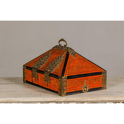 19th Century Malabar Jewelry Box Lacquered with Ornate Brass Accents from Kerala-YN5519-13. Asian & Chinese Furniture, Art, Antiques, Vintage Home Décor for sale at FEA Home