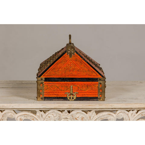 19th Century Malabar Jewelry Box Lacquered with Ornate Brass Accents from Kerala-YN5519-14. Asian & Chinese Furniture, Art, Antiques, Vintage Home Décor for sale at FEA Home