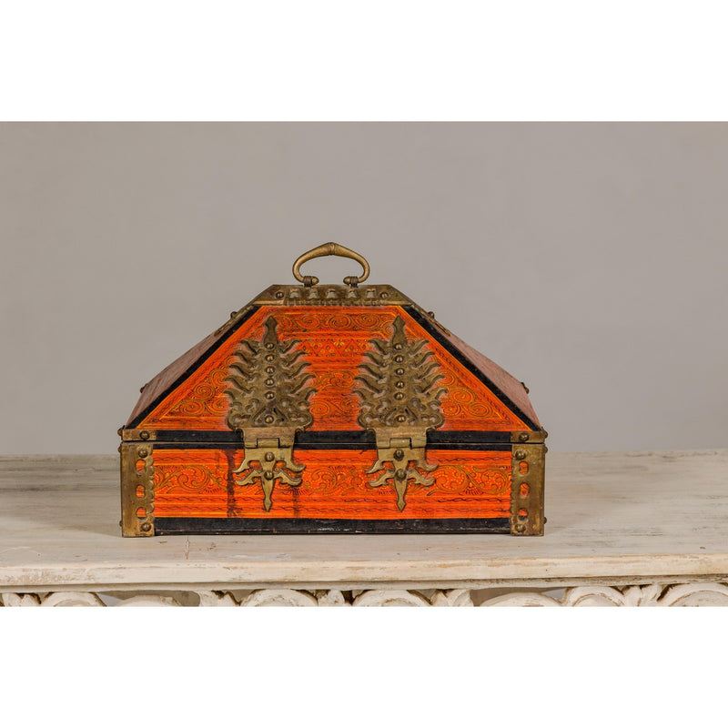 19th Century Malabar Jewelry Box Lacquered with Ornate Brass Accents from Kerala-YN5519-15. Asian & Chinese Furniture, Art, Antiques, Vintage Home Décor for sale at FEA Home