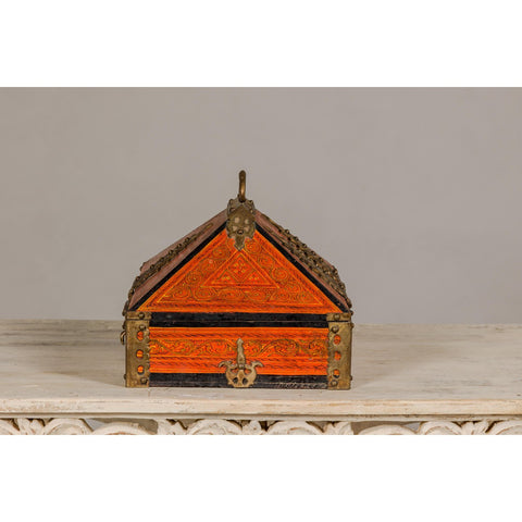 19th Century Malabar Jewelry Box Lacquered with Ornate Brass Accents from Kerala-YN5519-16. Asian & Chinese Furniture, Art, Antiques, Vintage Home Décor for sale at FEA Home