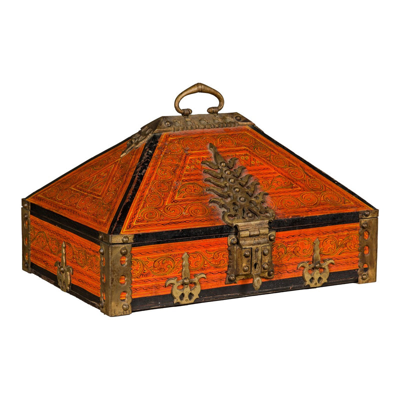 19th Century Malabar Jewelry Box Lacquered with Ornate Brass Accents from Kerala-YN5519-18. Asian & Chinese Furniture, Art, Antiques, Vintage Home Décor for sale at FEA Home