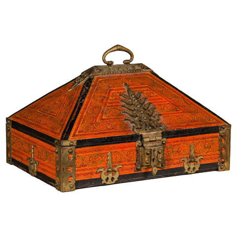 19th Century Malabar Jewelry Box Lacquered with Ornate Brass Accents from Kerala-YN5519-1. Asian & Chinese Furniture, Art, Antiques, Vintage Home Décor for sale at FEA Home