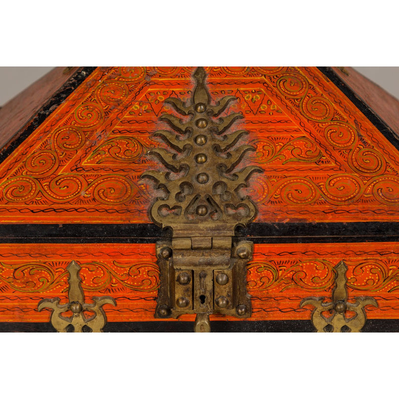 19th Century Malabar Jewelry Box Lacquered with Ornate Brass Accents from Kerala-YN5519-5. Asian & Chinese Furniture, Art, Antiques, Vintage Home Décor for sale at FEA Home