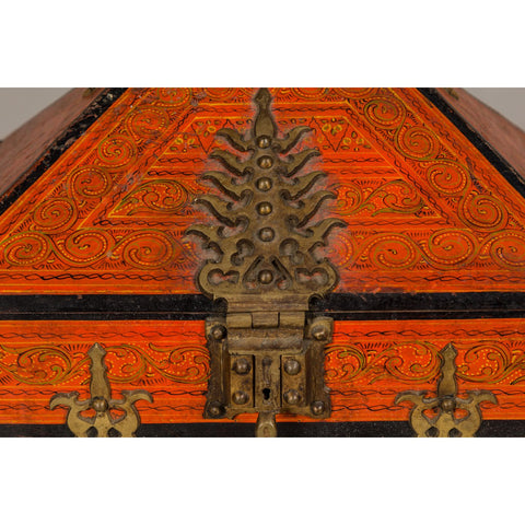 19th Century Malabar Jewelry Box Lacquered with Ornate Brass Accents from Kerala-YN5519-5. Asian & Chinese Furniture, Art, Antiques, Vintage Home Décor for sale at FEA Home