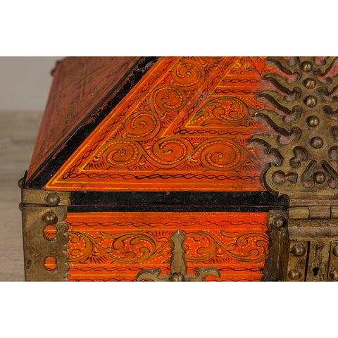 19th Century Malabar Jewelry Box Lacquered with Ornate Brass Accents from Kerala-YN5519-6. Asian & Chinese Furniture, Art, Antiques, Vintage Home Décor for sale at FEA Home