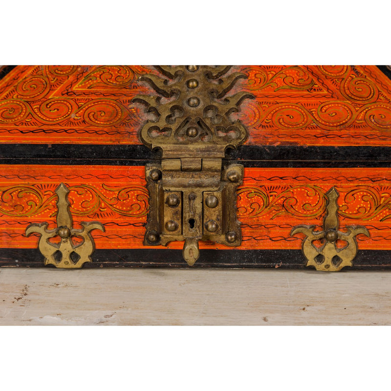 19th Century Malabar Jewelry Box Lacquered with Ornate Brass Accents from Kerala-YN5519-7. Asian & Chinese Furniture, Art, Antiques, Vintage Home Décor for sale at FEA Home